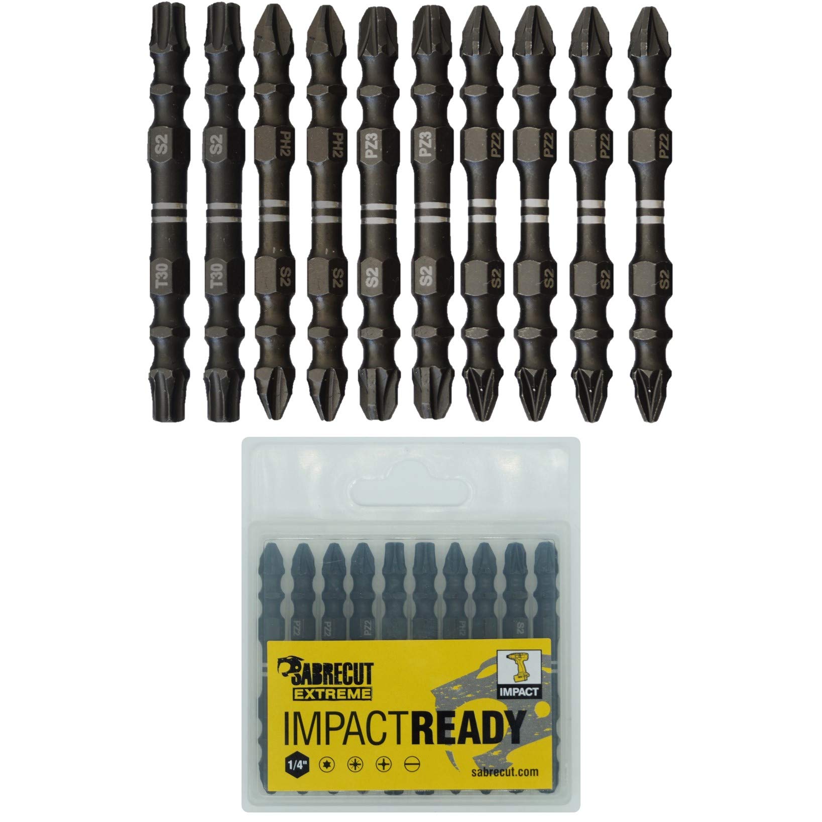 10 x SabreCut SCPC65_10 65mm PZ2 PZ3 PH2 T30 Impact Screwdriver Driver Bits Set Double Ended Pozidriv POZI No.2 No.3 Phillips No.2 Torx 30 Heavy Duty Including Storage Box