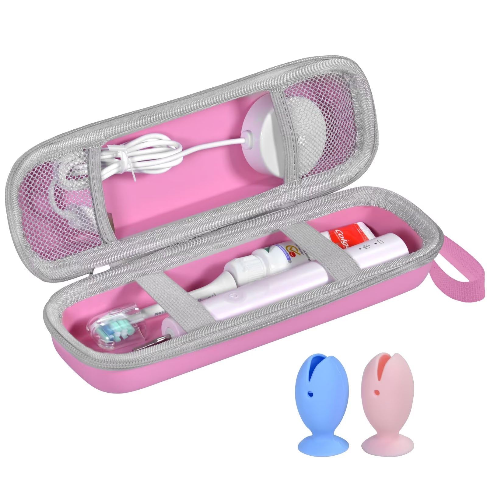 TUNYINSH Travel Case for Oral-B/Oral-B Pro/Phlips Sonicare Electric Toothbrush with 2pcs Toothbrush Heads Cover Cap, Portable Hard Protective Storage Bag with Accessories Storage (Pink) — image 1
