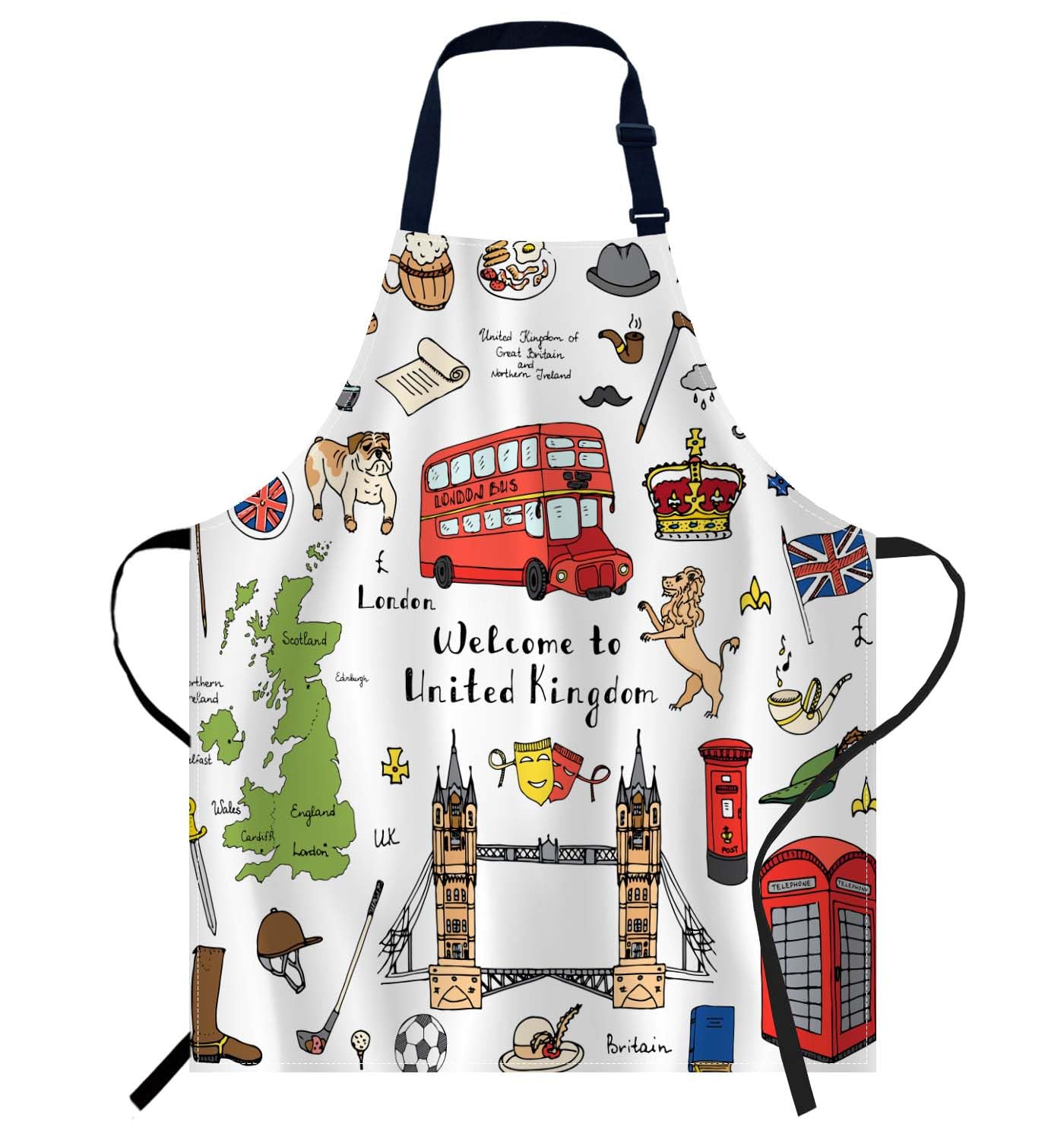 Smooffly London Elements British Symbols Apron Adjustable Apron Cooking Kitchen Chef Women Men Aprons for Home Kitchen, Restaurant, Coffee House, Baking Gardening BBQ