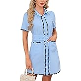Women's Belted Button Down Shirt Dress RIC-rac Trim Striped Mini Dresses with Pockets