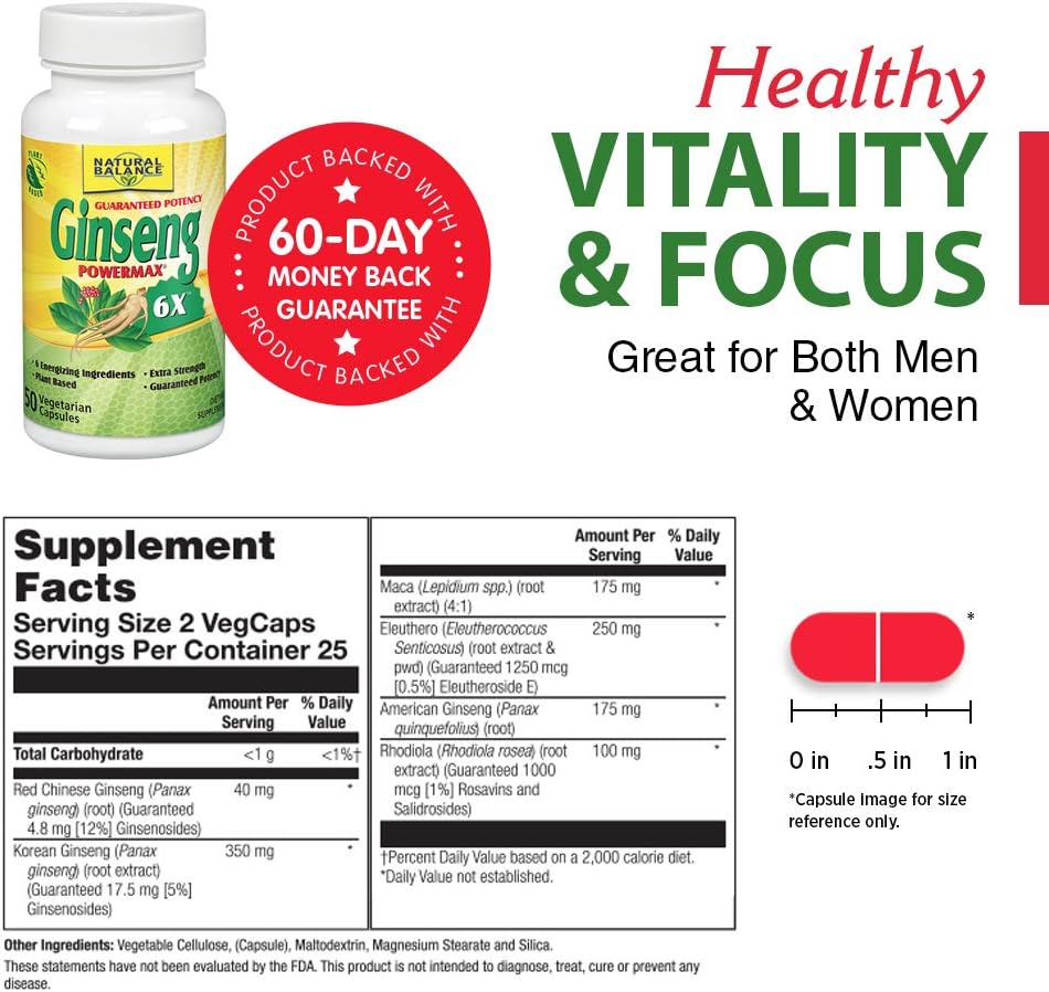 Natural Balance 2000 mg Ginseng Powermax 6x Herbal Supplement, 50 Count: Health & Personal Care