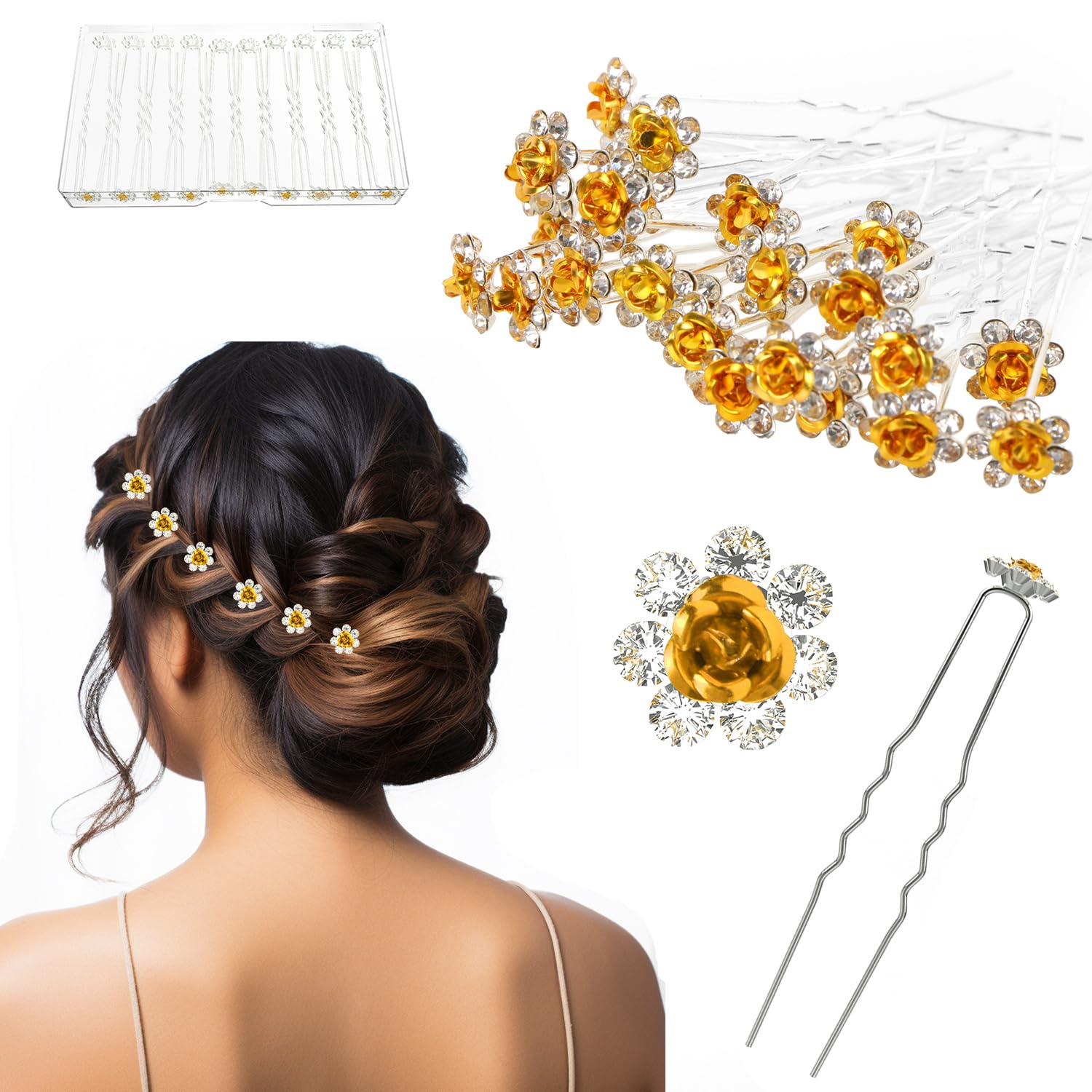UHOMENY 25pcs Bridal Wedding Hair Pins with Crystal Rose Flower Crystal Diamante Rose Flower Rhinestone Hair Pins Clips for Bridal Wedding Women Hair Jewelry Accessories (Gold)