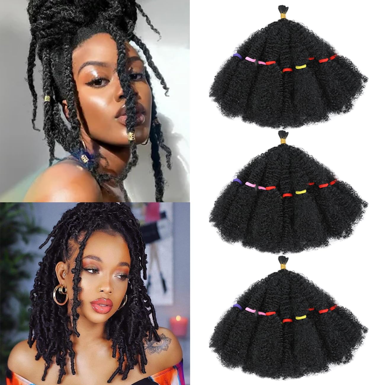 AMLUCKS Afro Kinky Hair 14 Inch 3 Pack Marley Twist Braiding Bulk Springy Braids for Cuban Twist Faux Locs Crochet Synthetic Hair Extensions for Women