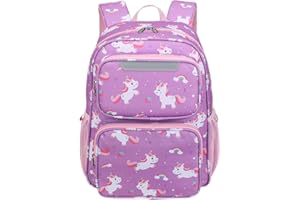 BrainyBees Kids Backpack for Girls - 15 Inch Backpack for Kids 3 to 8, Lightweight Bookbag for Preschool Kindergarten Elementary School, Insulated Pocket, Safe Reflective Stripe, Purple Unicorn