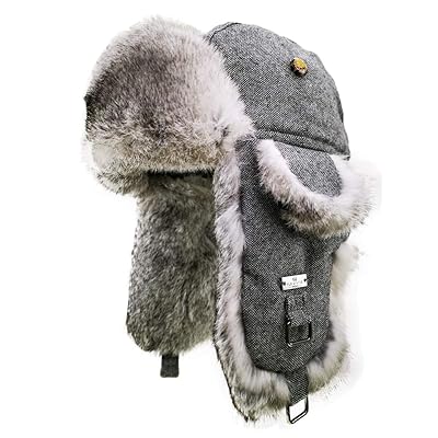 FUR WINTER Wool Blend Herringbone Tweed Rabbit Fur Aviator Outdoor Trapper Trooper Pilot Ski Hat