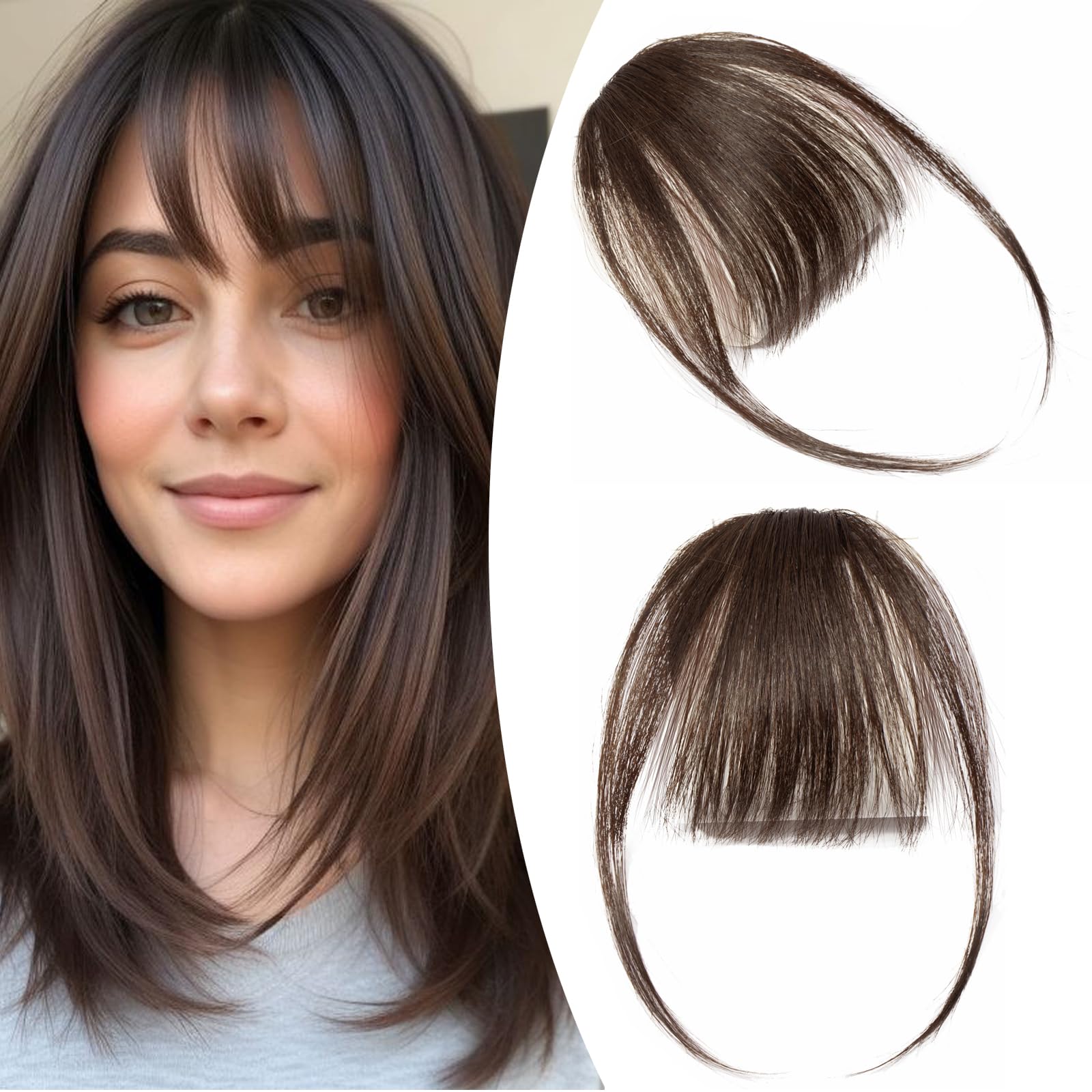 S-noilite Bangs Hair Clip in Bangs - Real Human Hair Air Bangs Hair Clip on Wispy Bangs Fringe with Temples Hairpieces for Women 3g (#2 Dark Brown) — image 1