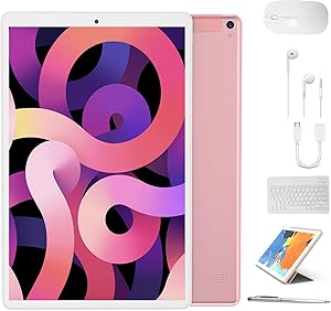 Tablet 10 inch, High Performance 2 in 1 Android 9.0 Tablets with Keyboard Case & Mouse, 3GB RAM 64GB Storage, Quad Core, Dual Sim Card, 4G WiFi, 8MP Camera, 8000 mAh, FM, GPS, Bluetooth - Pink