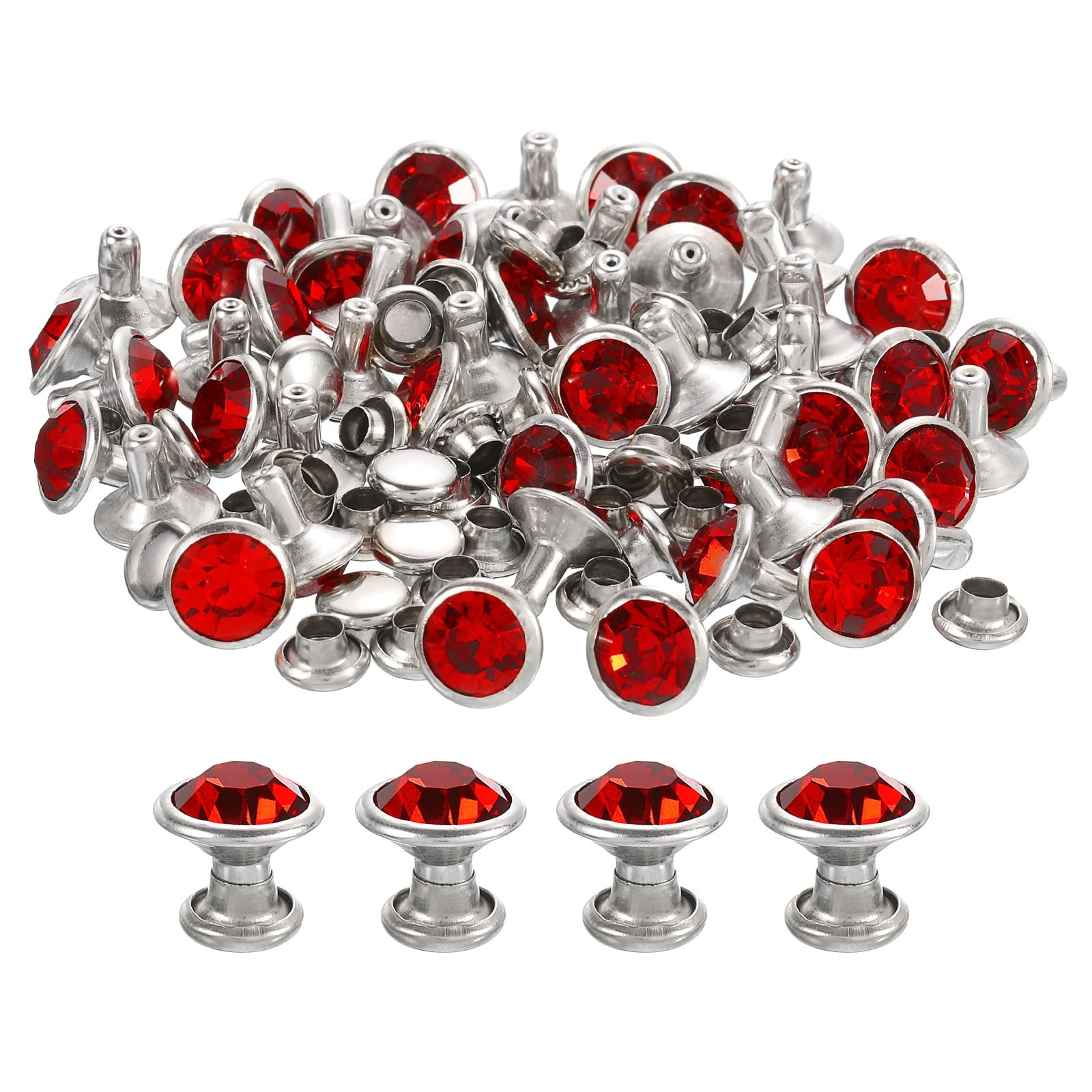 Photo 1 of uxcell 100Pcs Silver Red Rhinestone Rivets, 8mm/0.31" Leathercraft Rivets Crystal Rivets Metal Double Cap Rhinestone Stud Rivets Stud for DIY Leather Craft Making Purse Clothing