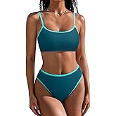 SUUKSESS Women High Waisted 2 Piece Bikini Set Cheeky High Cut Bandeau Swimsuit