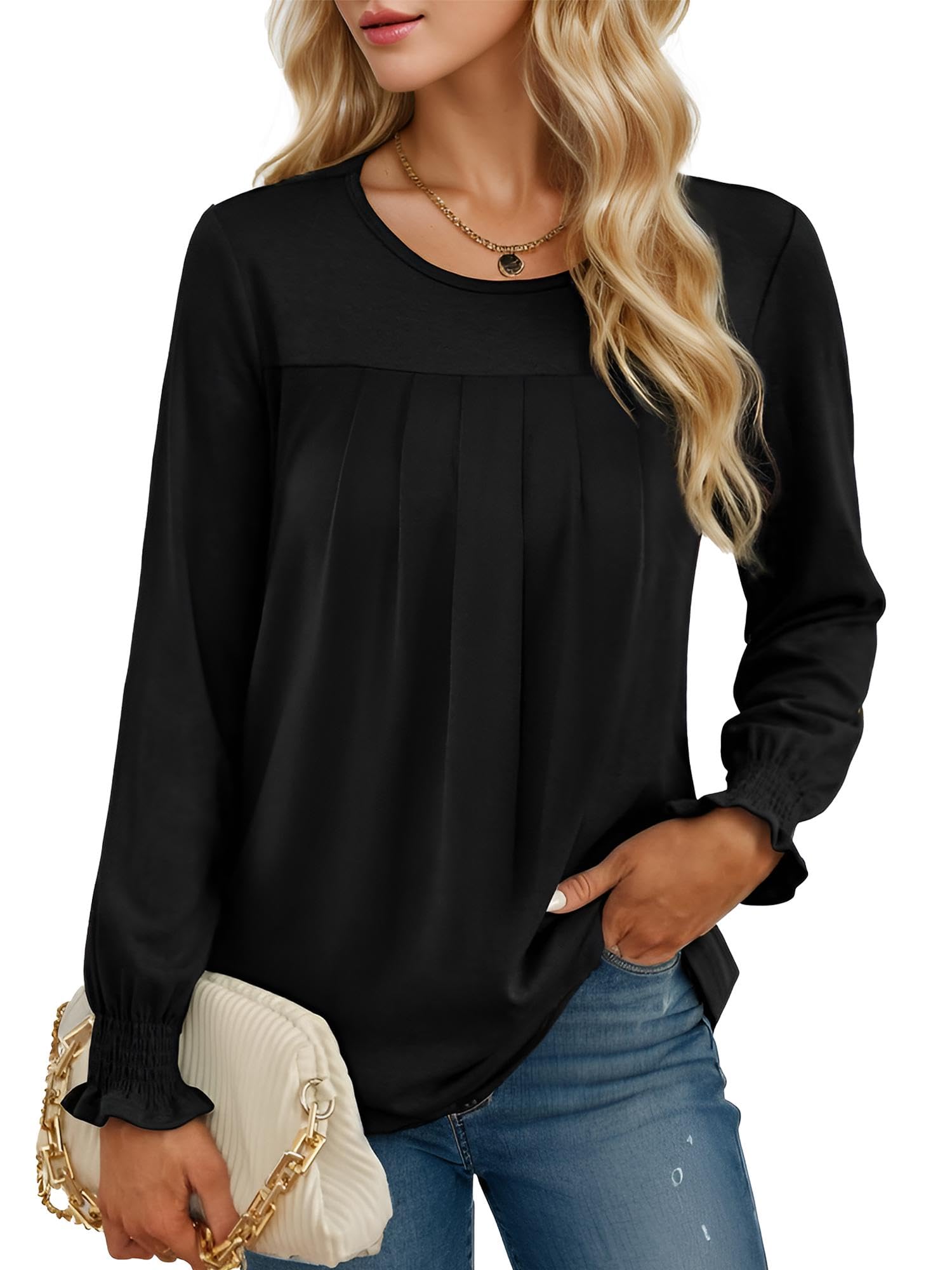Am Direct Women's Bell Sleeve T-Shirt Round Neck Casual Blouse with Ruffle Trim Long Sleeve XXL Black