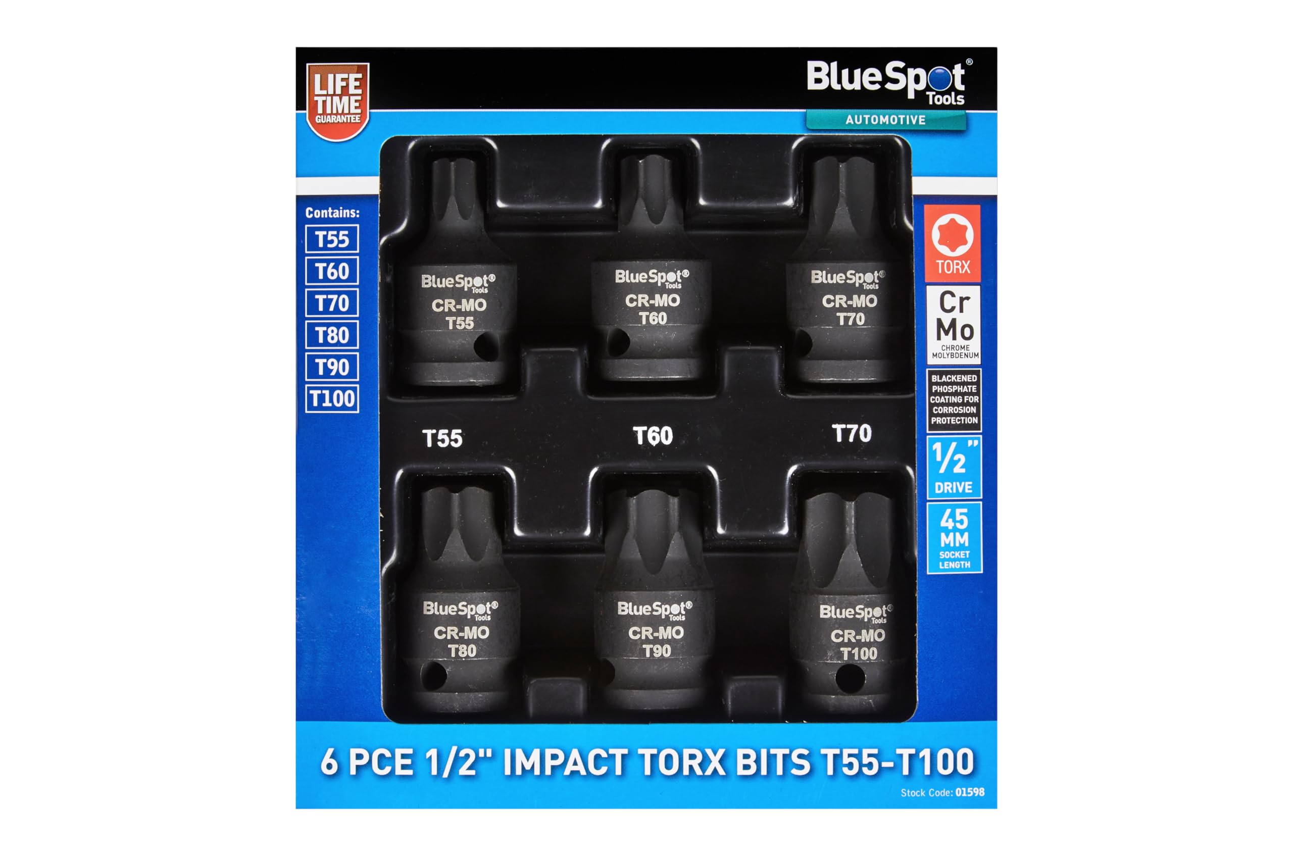 Blue Spot Tools 6 PCE 1/2" Impact Torx Bits (T55-T100)