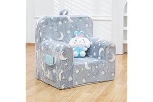 SUFUS Snuggly-Soft Cuddly Toddler Plush Armchair for Boys and Girls Fuzzy Plush Kids Sofa Couch Reading Chair with Children Friendly Handle for Easy Movement & Double Pockets for Storage, Glowing Grey