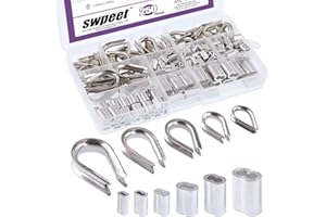 Swpeet 250Pcs 304 Stainless Steel Rope Cable Thimbles and 6 Sizes Aluminum Crimping Loop Sleeve Assortment Kit Perfect for 1/