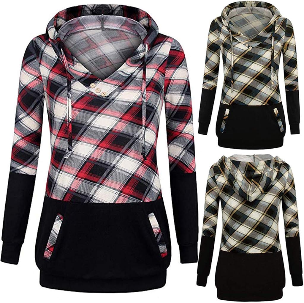 ZEFOTIM Women Hoodies, Women Long Sleeve Plaid Pullover Color Block Hooded Kangaroo Pockets Shirt Top: Clothing