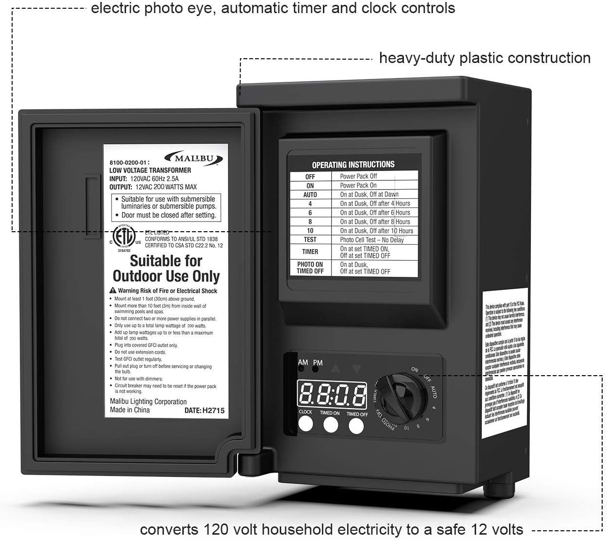 Malibu Power Pack 200watt LowVoltage Weatherproof Transformer with Photo Sensor for LowVoltage