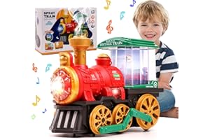 KIDSMIND Electric Steam Train Toy for Toddlers 3-5,Bump and Go Truck w/Steam Locomotive,Smoke,Light & Sound, 360 Rotation Christmas Train Truck Toys Birthday Gift for Toddler 1 3 4 5 6 Year Old Boys Girls Kids