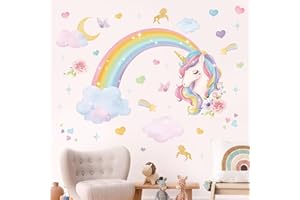 wondever Rainbow Wall Stickers Unicorn Clouds Peel and Stick Wall Art Decals for Girls Bedroom Kids Room Baby Nursery