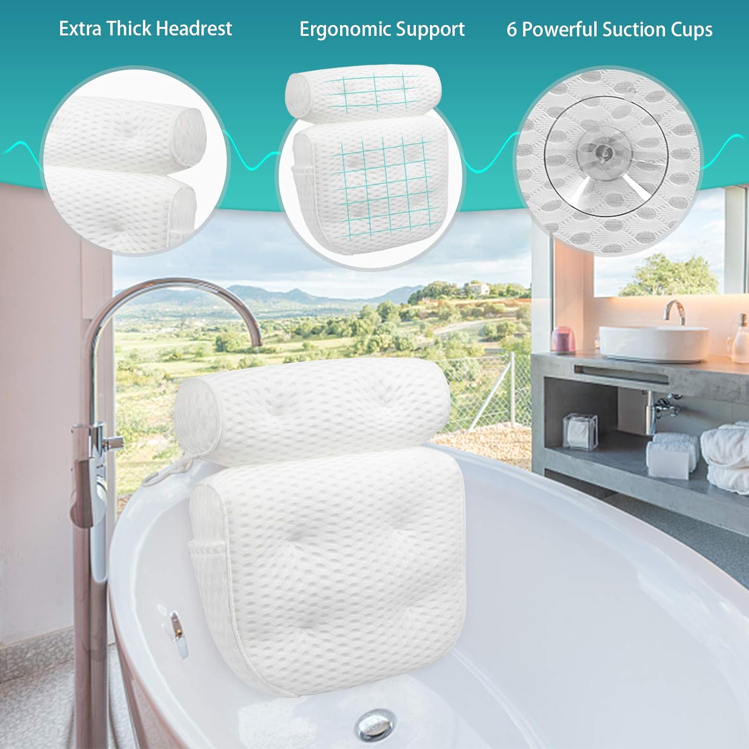 Bath Pillow for Tub, 4D Air Mesh Bathtub Spa Pillow with Side Pocket for Accessories, Luxury Bath Pillow Support Head, Neck, Shoulder, Back for All Bathtub, Hot Tub, Jacuzzi : Beauty