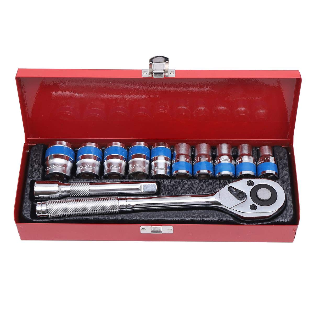 KATSU 1/2 Inch Socket Set 12Cs, 10-24mm in Steel Case Metric Drive with 24-Teeth Quick-Released Ratchet Wrench and 5" Extension Bar, High Grade Chrome Vanadium Steel, Auto Repairing Garage Tool