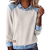 Denim Sweater for Women Denim Collar Sweater Button up Patchwork Jean Pullover Shirt Vintage Waffle Knit Jean Sweater