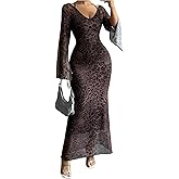BEAUDRM Women's Y2k Leopard Bodycon Dress Cheetah Mesh Tie Back Bell Sleeve Fishtail Maxi Party Dresses