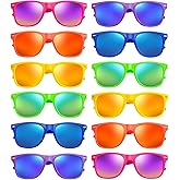 SUNOVELTIES 12/24 Pack Neon Party Sunglasses Mirrored/Jelly Lens Bulk Glasses Horn Rimmed Eyewear for Men Women
