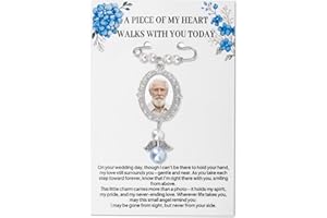 Wedding Bouquet Photo Charm, Oval Bridal Bouquet Memorial Charm with Card Blue Gift Picture Pearl Pin for Groom Memory Access