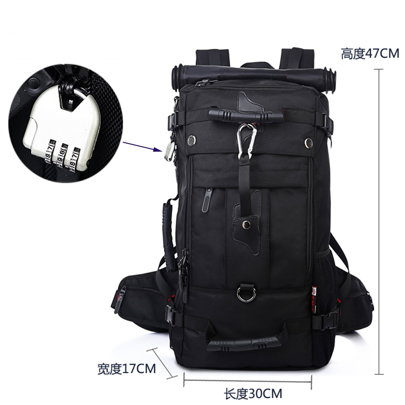 Fresion Rucksack Trekkingrucksack Herren für Trekking Reisen Wandern Camping mit Zahlenschloss 40L Beständig 3 Way Umhängetasche Wanderrucksäcke Knapsack 32 x 20 x 55cm Schwarz