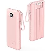 VRURC Portable Charger, 20000mAh Power Bank Fast Charging, Built-in Micro & USB C Three Cables, 4 Output 2 Input LED Display Charging Bank for iPhone, Samsung, Android etc-Pink (1 Pack)