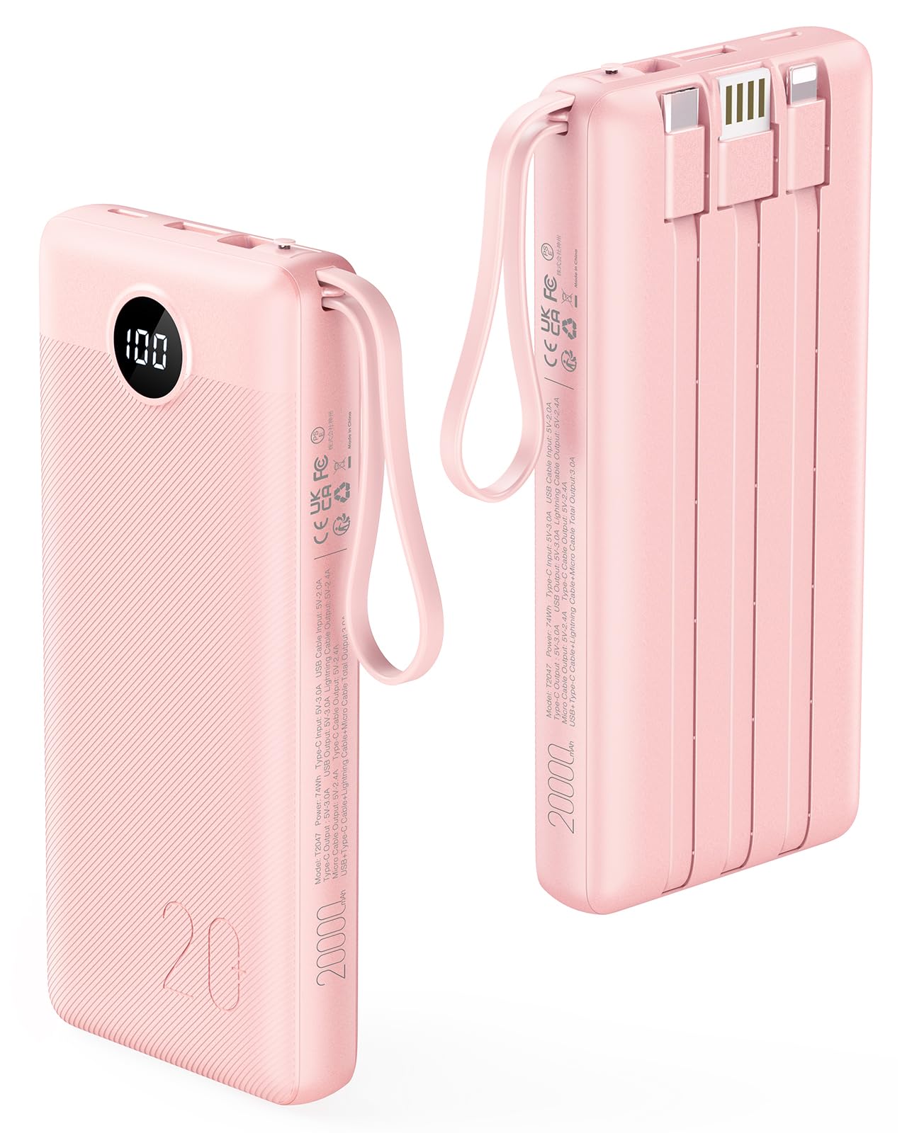VRURC Portable Charger 20000mAh, Built-in Cables Fast Charging Power Bank, PD QC 3.0 Travel Essentials Battery Pack, 4 Output & 2 Input Phone Charger for iPhone16 15 14 13 X, Samsung, Android