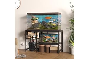Beuruku 55-75 Gallon Fish Tank Stand with Power Outlet & LED Light, Metal Aquarium Stand with 3 Tier Adjustable Storage Shelves, for Reptile & Turtle Tank, 52" L*19.5" W, Black
