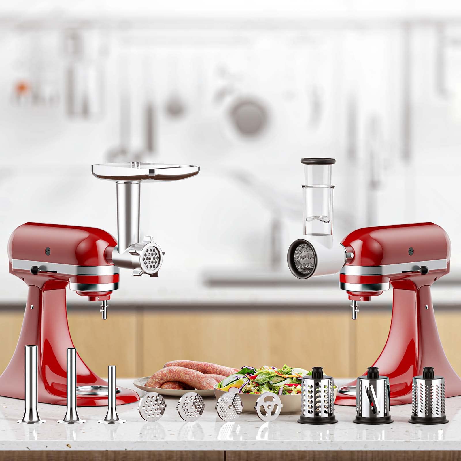 Meat Grinder and Cheese Grater Attachment for KitchenAid Stand Mixer, Slicer Shredder & Meat Grinder with Sausage Stuffer, 2 Pcs for Kitchen Aid Accessories and Attachments