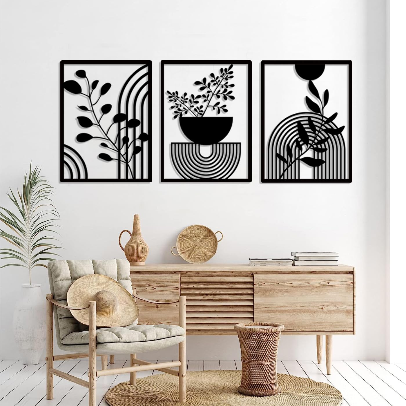 Pduoduo 3 Panels Abstract Metal Boho Wall Decor Modern Geometric Metal Wall Decor Black Garden wall art for Home Bedroom Living Room(22 * 16.5in)