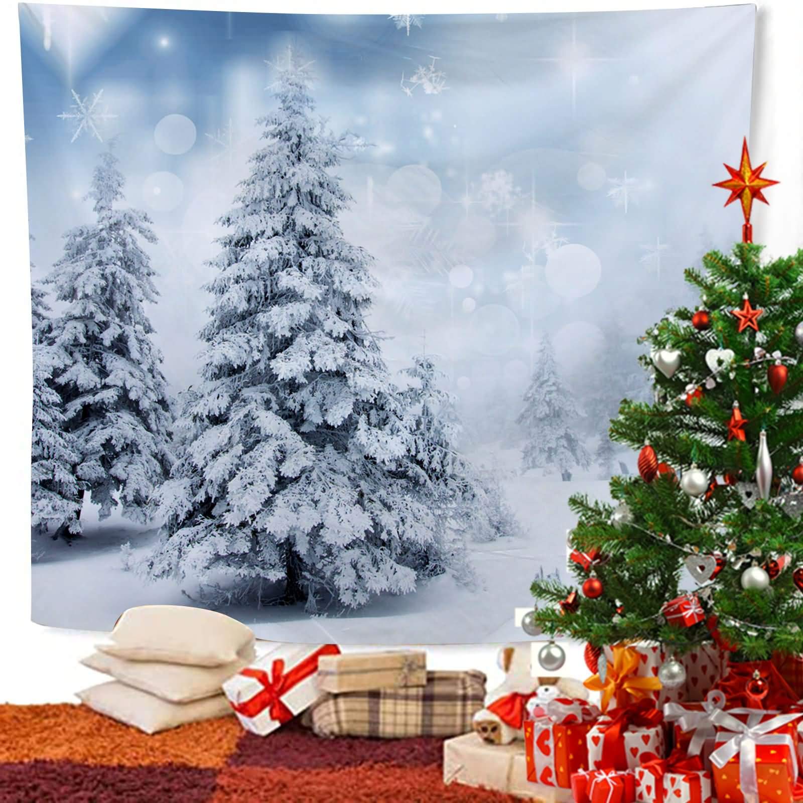 Lieson Wall Towel 350 x 256 cm, Tapestry Christmas Tree and Snowflake Grey Blue Tapestry Wall Hanging for Living Room Bedroom Dorm Wall Decoration