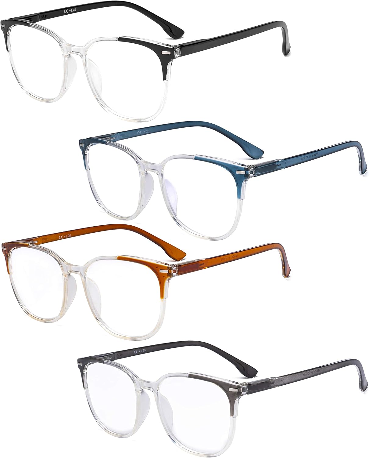 Eyekepper 4 Pack Ladies Reading Glasses Oversized Square Readers for Women Reading +0.75, 4 works Mix