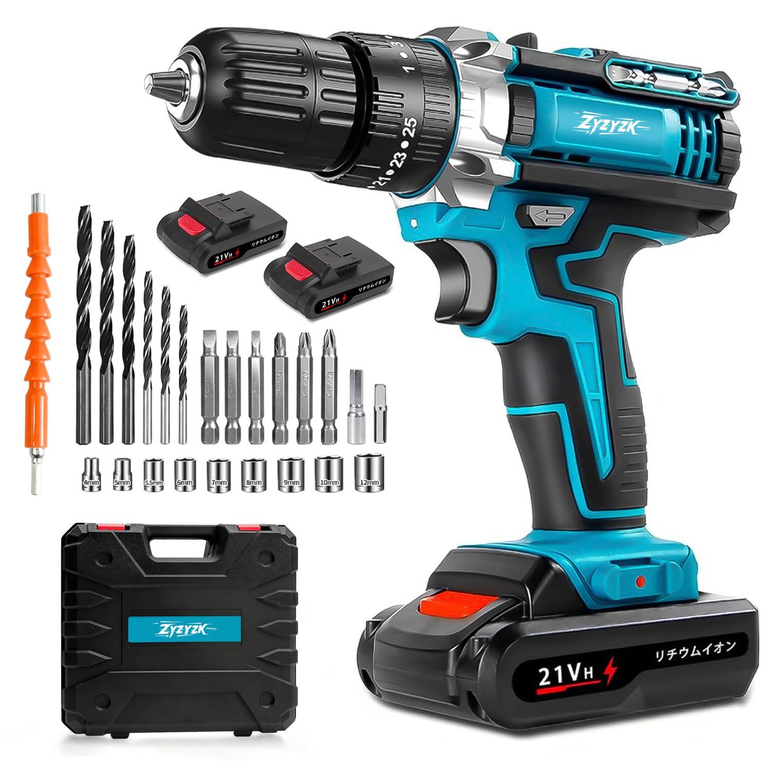 Electric Screwdriver (21 V High Torque, Multi-Purpose 3 Modes) Electric Drill Impact Max 45 N.m Stepless Speed 25 + 3 Torque Adjustment Cordless Rechargeable LED Light Extension Adapter 24 Bit Set