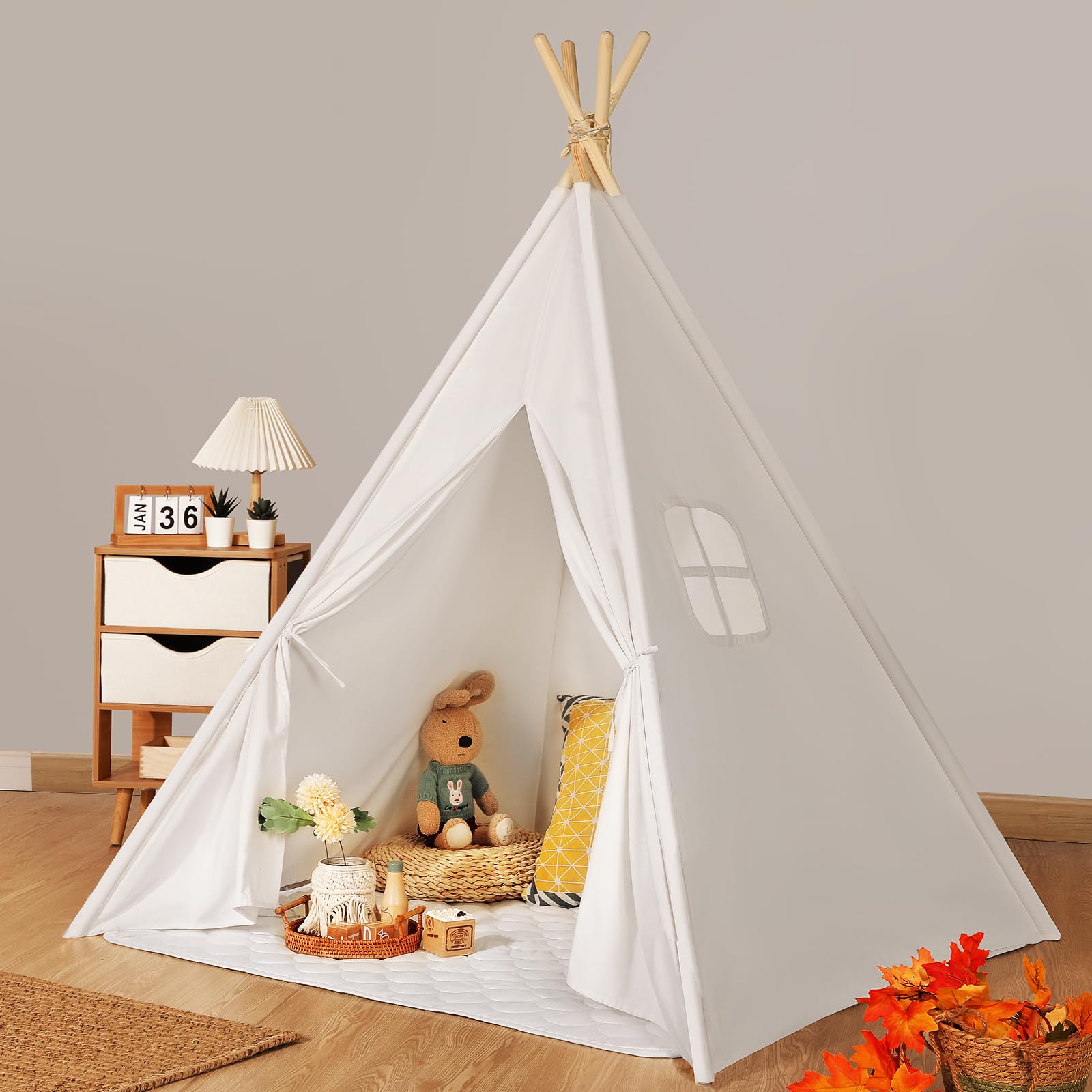 Wilwolfer Kids Teepee Tent Indoor: Toddler Tipi Play Tent Cotton Large with Storage Bag Colourful Flags and Window Foldable Off-White Playhouse Toys House for Grils Boys Birthday Gift
