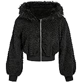 SOLY HUX Women's Faux Fur Fuzzy Cropped Jacket Zip Up Hooded Long Sleeve Warm Outerwear Casual Coat