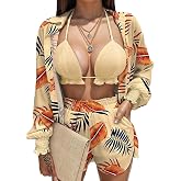 UOUA 3 Piece Swimsuits for Women Hawaiian Outfits Floral Tropical Bikini & Short Sets Summer Beach Sexy Cover Ups Luau Party
