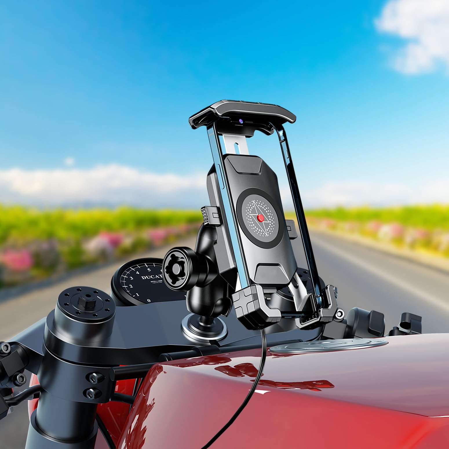 iMESTOU Motorcycle Fork Stem Phone Mount Wireless/USB C Charger with RAM 1