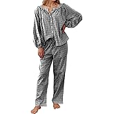 Flygo Womens Gingham Pajama Set 2 Piece Cotton Plaid Raglan Sleeve Button Top Straight Leg Pants Pjs Y2K Lounge Set Sleepwear