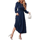 dowerme Women's Dresses 2026 Spring Puff Long Sleeve Crewneck Smocked Tiered Flowy A-Line Boho Wedding Party Maxi Dress
