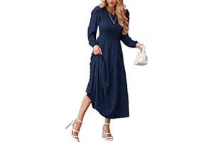 dowerme Women's Dresses 2024 Fall Puff Long Sleeve Crewneck Smocked Tiered Flowy A-Line Boho Wedding Party Maxi Dress