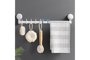 Luxear Suction Cup Towel Bar, 24 inches Adjustable Towel Rack,No Drill Bathroom Towel Holder with 5 Sliding Hooks, Wall Mount