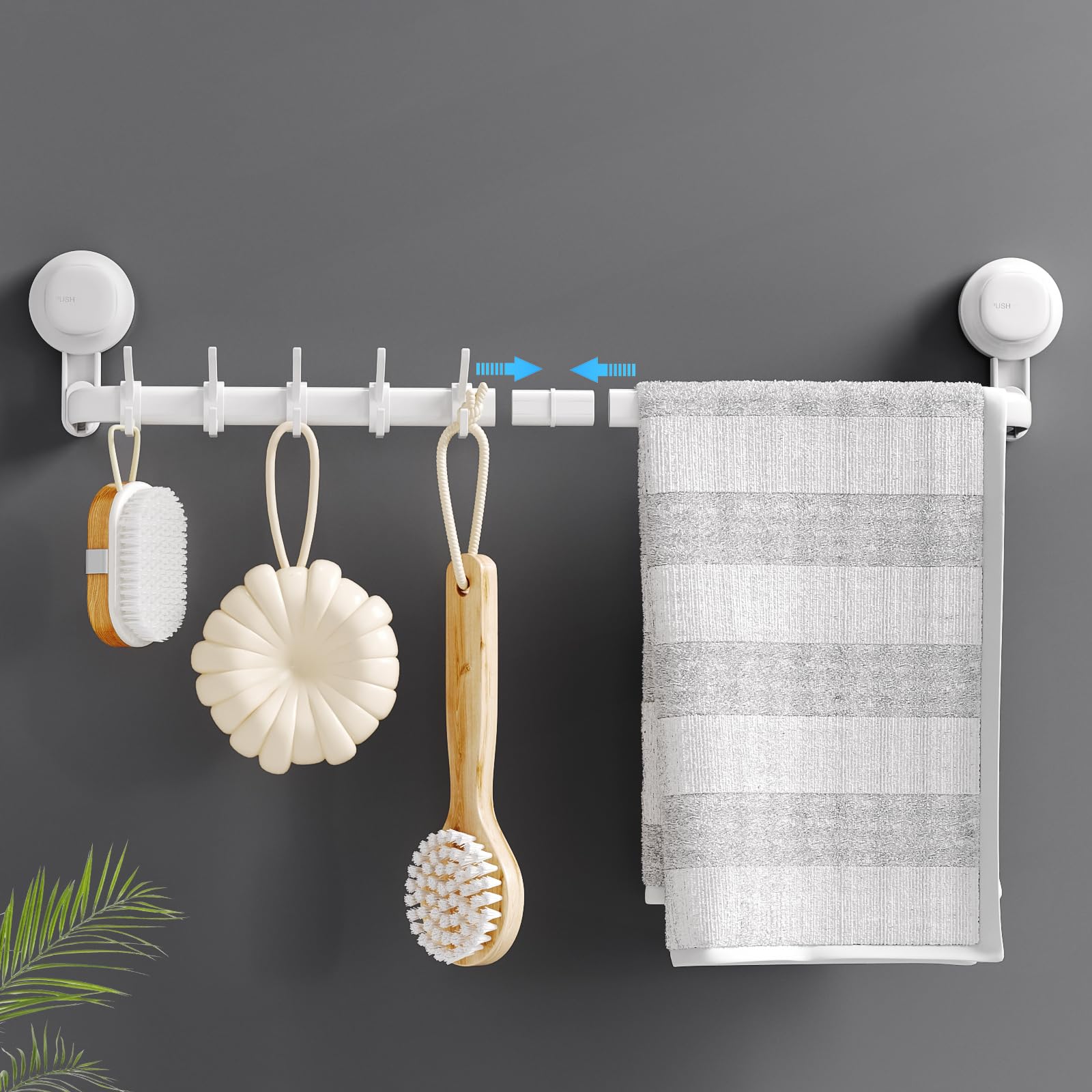 Photo 1 of LUXEAR Suction Cup Towel Bar, 24 inches Adjustable Towel Rack Holder, No Drill & Removable Bathroom Towel Holder with 5 Sliding Hooks, Wall Mounted Towel Hanger for Shower Room, Kitchen, Door - White