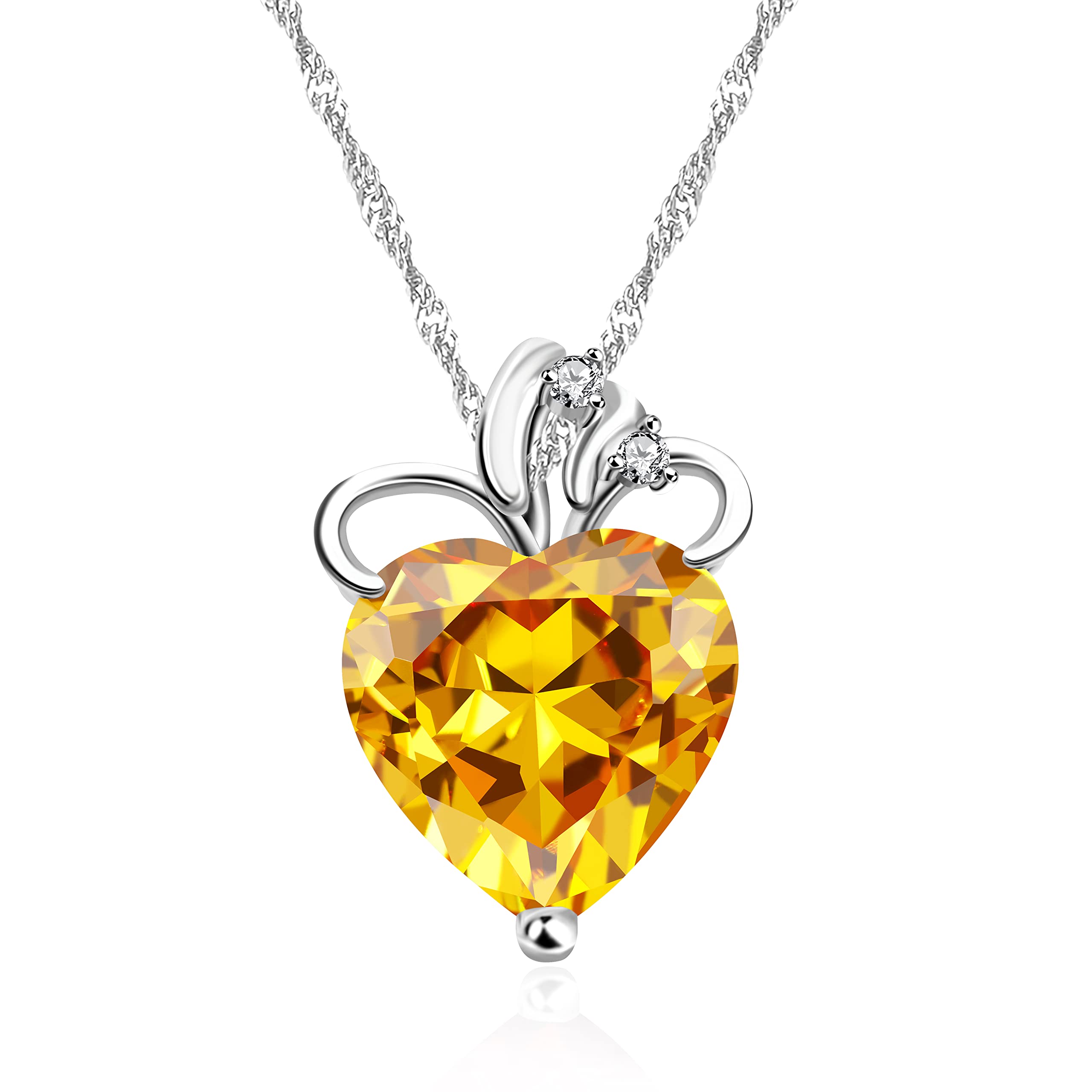 Fashion Created Citrine Birthstone Yellow Crystal Necklace, Heart Cubic Zirconia, Silver Color N437 (Yellow)