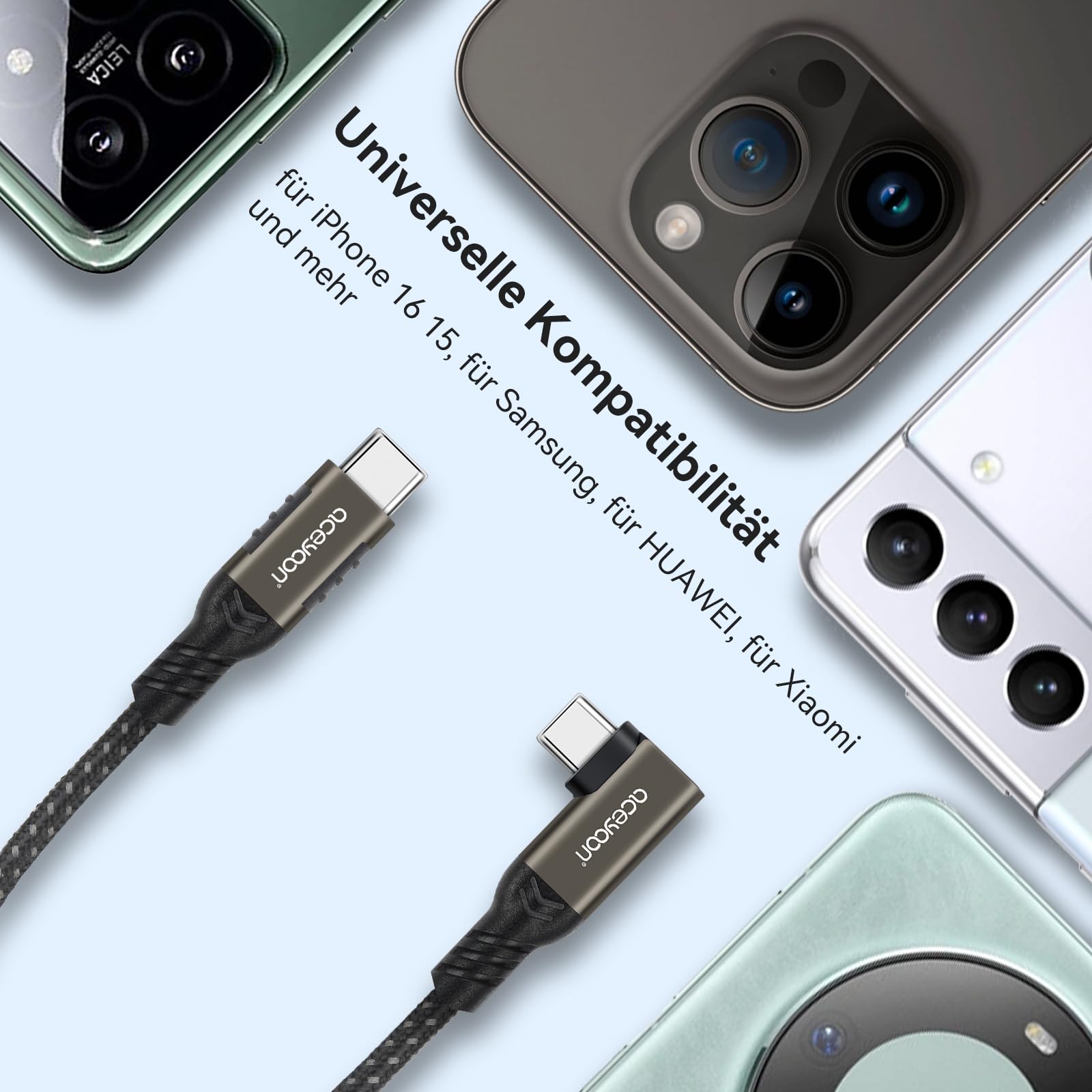 aceyoon 2 Stück 240W USB C Kabel Kurz 20cm,Winkel 90 Grad USB C auf C Kabel 5A PD Schnellladekabel USB Typ C mit E-Maker Chip für iPhone 17 16 Pro Max,für MacBook,für Galaxy S24 S23,für Huawei Mate 70 7