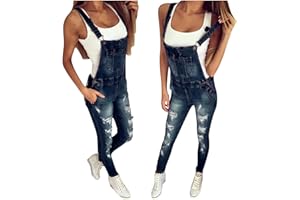 Distressed Denim Overalls for Women Ripped Jean Jumpsuits Slim Fit Adjustable Straps Light Wash Bib Romper Denim