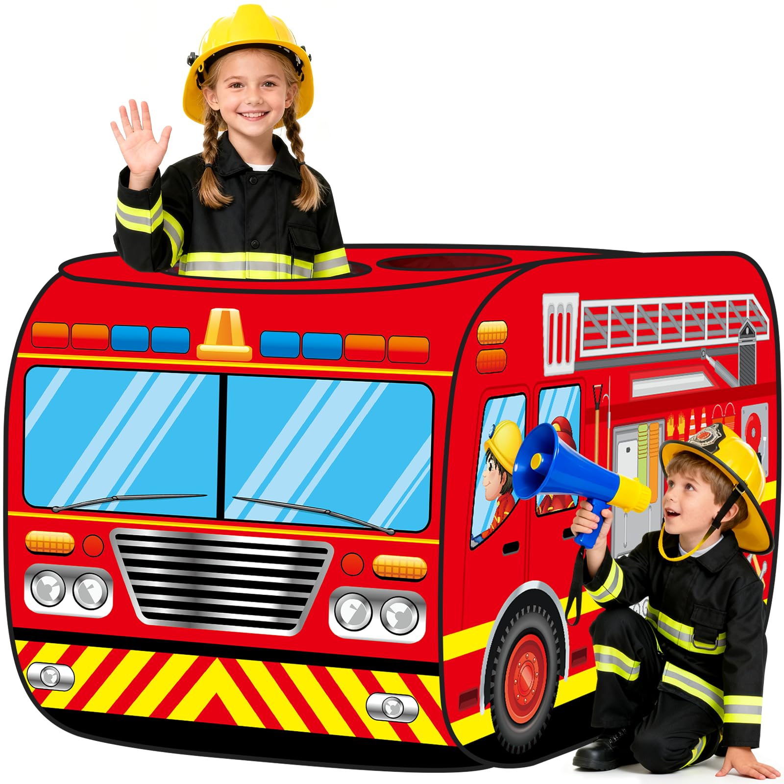 WEXFFU Pop Up Play Tent, Firefighter Play Tent for Kids, Truck PlayTent, Waterproof Foldable Firetruck Toy, Pop Up Fire Truck Tent with Carry Bag, Indoor Outdoor Toy for Kids Gifts for 3-8 Year Old