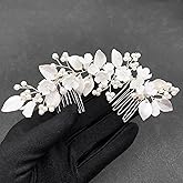 PRETTYLIFE White Flower Hair Piece for Wedding Bridal Pearl Silver Leaf Floral Hair Vine Comb Accessories for Women Girls